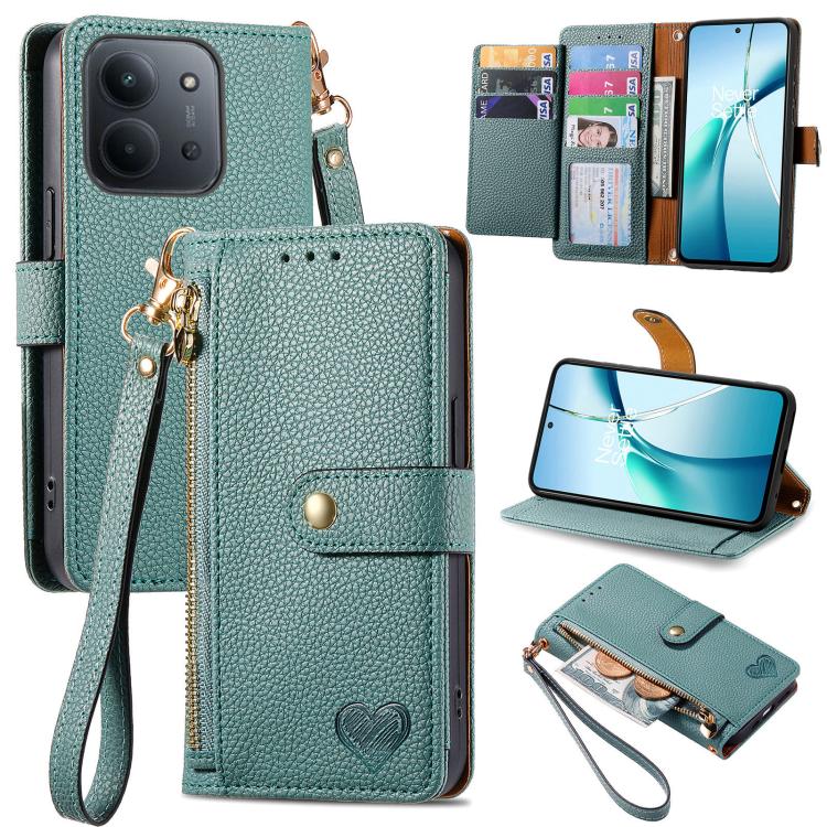 Teal leather phone case with zipper and wrist strap, with card slots and flip cover