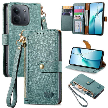 Teal leather phone case with zipper and wrist strap, with card slots and flip cover