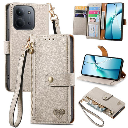 Cream leather phone wallet case with zipper and wrist strap, card slot flap