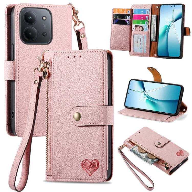 Pink leather phone wallet case with zipper and wrist strap, card holder flap
