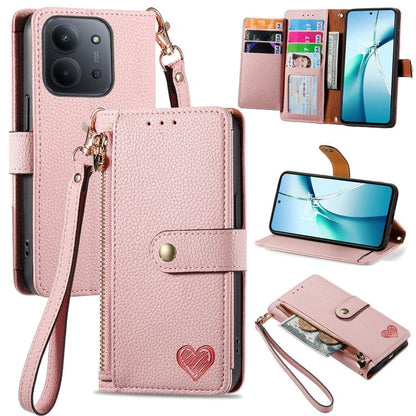 Pink leather phone wallet case with zipper and wrist strap, card holder flap
