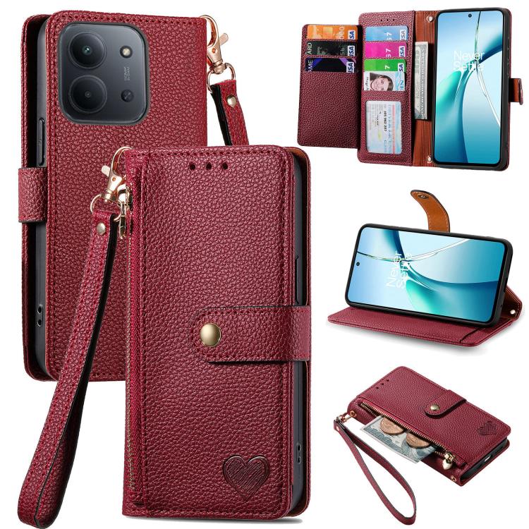 Burgundy leather phone wallet case with zipper and wrist strap, heart charm
