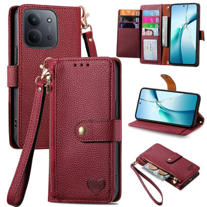 Burgundy leather phone wallet case with zipper and wrist strap, heart charm