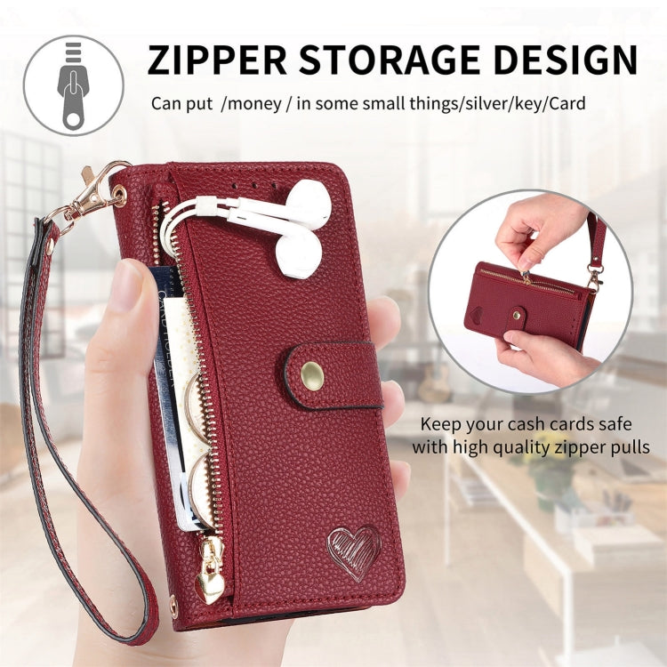 Burgundy leather phone wallet case with zipper pocket and wrist strap