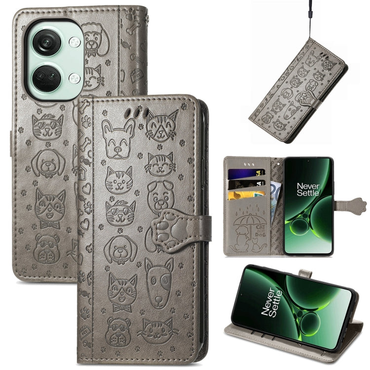 Embossed leather phone case, dark gray cat-and-dog pattern, folio wallet