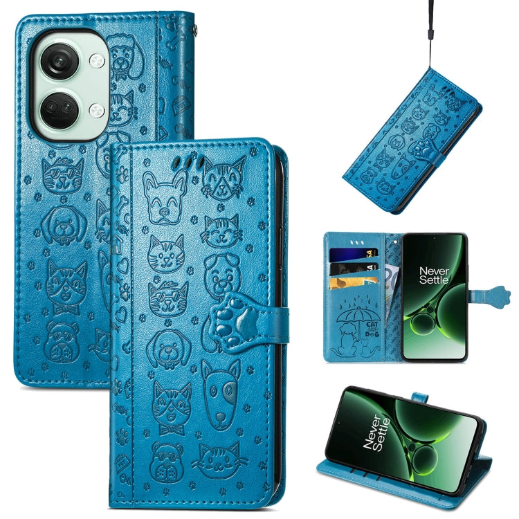 Embossed leather phone case, bright blue cat-and-dog pattern, folio wallet