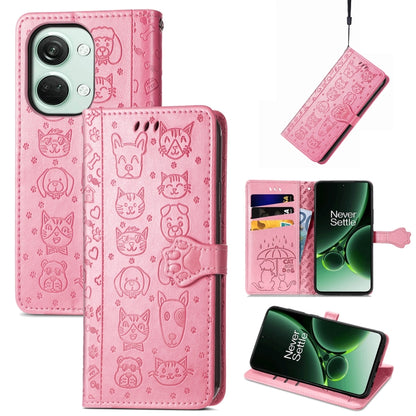 Embossed leather phone case, light pink cat-and-dog pattern, folio wallet
