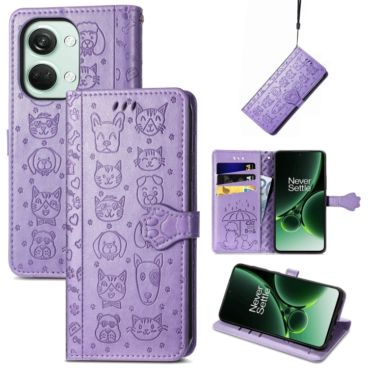 Embossed leather phone case, lavender purple cat-and-dog pattern, folio wallet