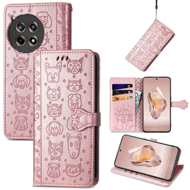 Rose pink embossed leather phone case with cat and dog pattern, folio style and strap.