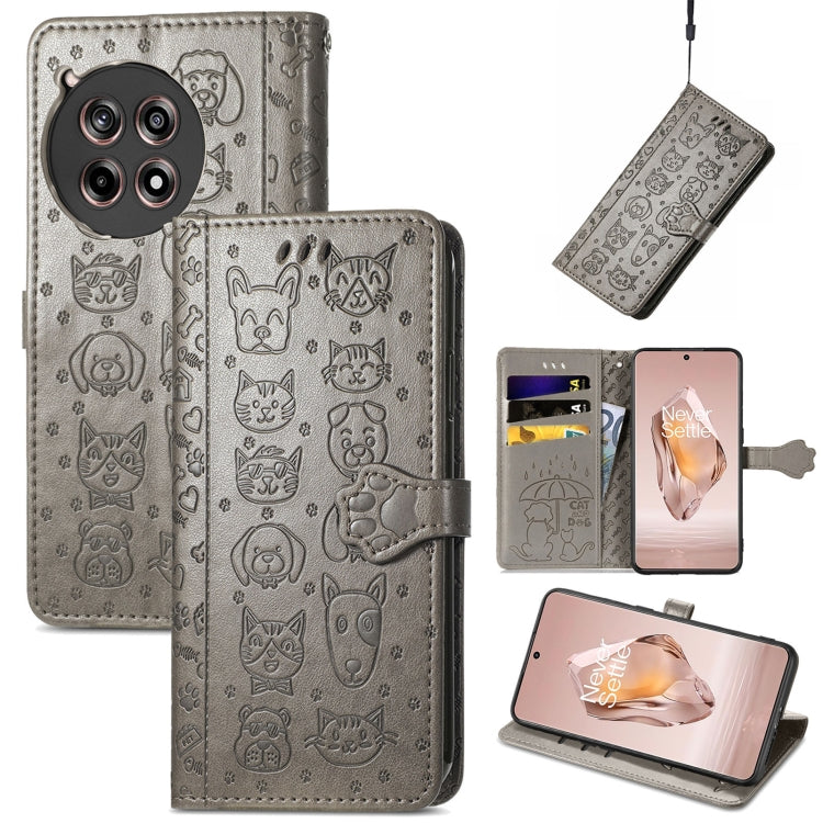 Grey embossed leather phone case with cat and dog pattern, folio wallet with strap.