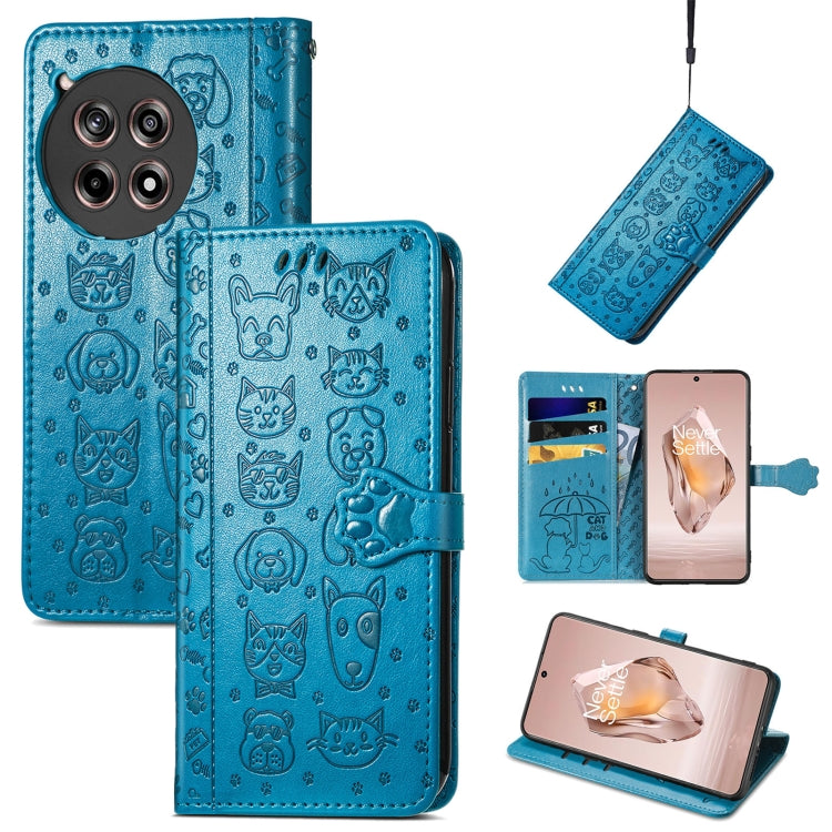 Blue embossed leather phone case with cat and dog pattern, folio wallet and side strap.
