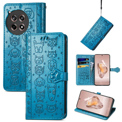 Blue embossed leather phone case with cat and dog pattern, folio wallet and side strap.