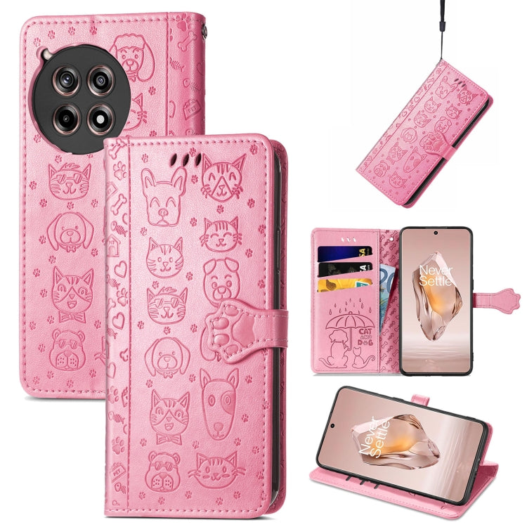 Pink embossed leather phone case with cat and dog pattern, folio wallet with strap.