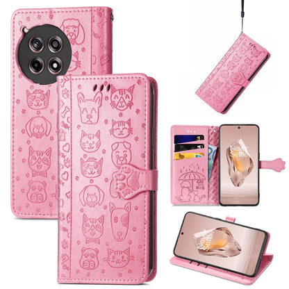 Pink embossed leather phone case with cat and dog pattern, folio wallet with strap.