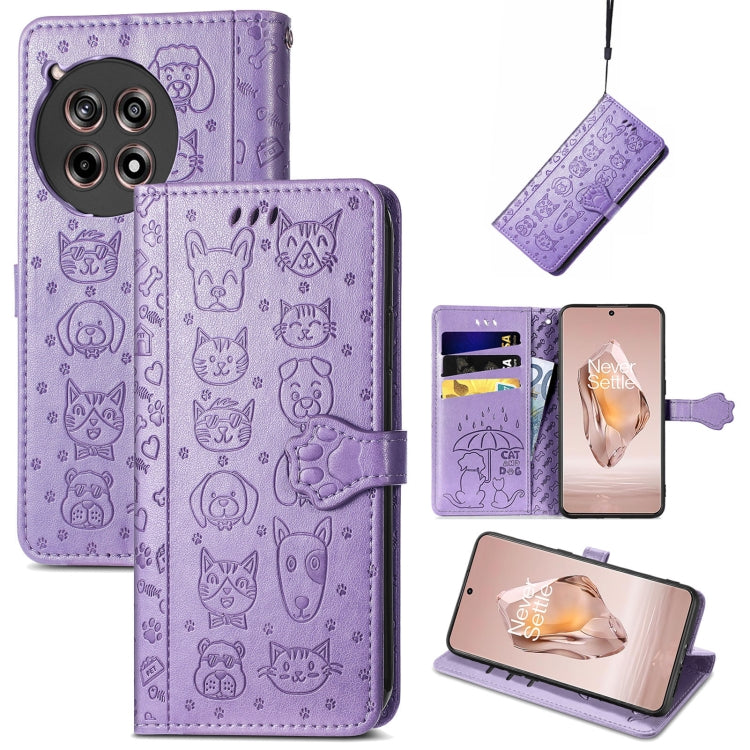 Purple embossed leather phone case with cat and dog pattern, folio wallet and strap.