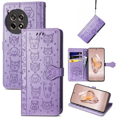 Purple embossed leather phone case with cat and dog pattern, folio wallet and strap.