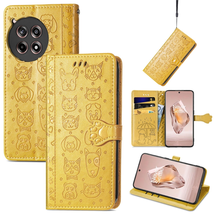 Golden yellow embossed leather phone case with cat and dog pattern, folio wallet strap.