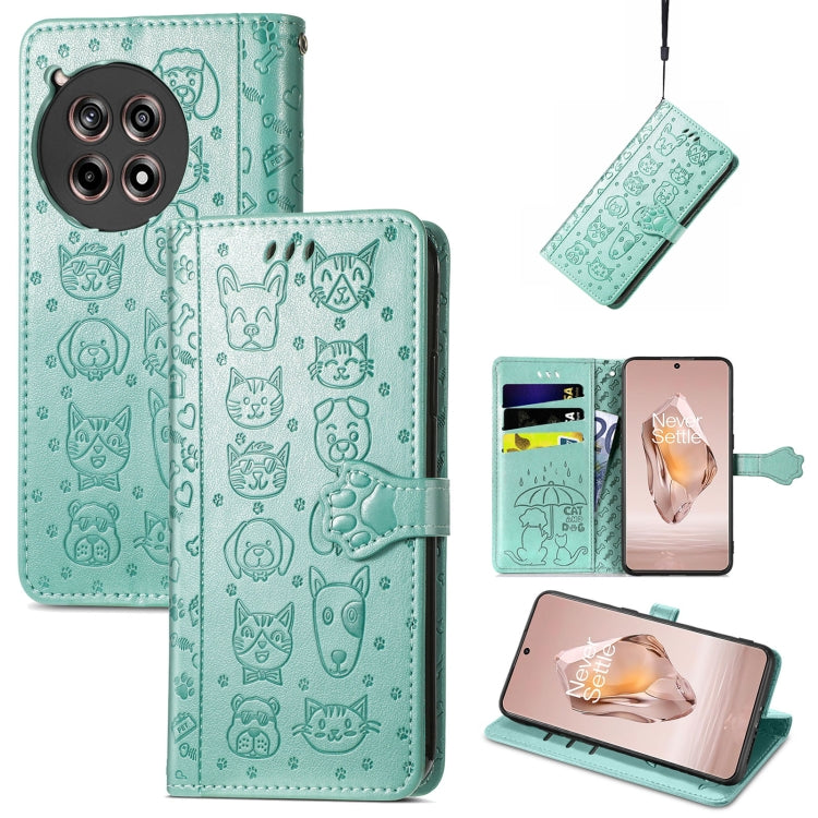 Turquoise embossed leather phone case with cat and dog pattern, folio wallet with strap.