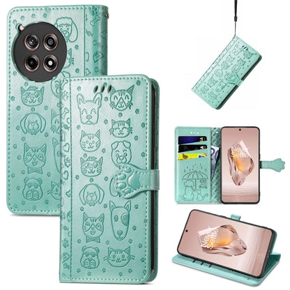 Turquoise embossed leather phone case with cat and dog pattern, folio wallet with strap.