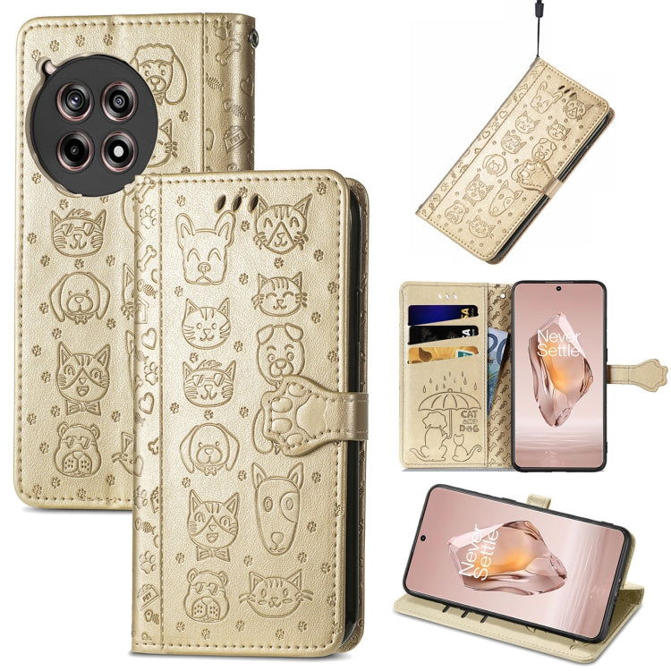 Light gold embossed leather phone case with cat and dog pattern, folio wallet and strap.
