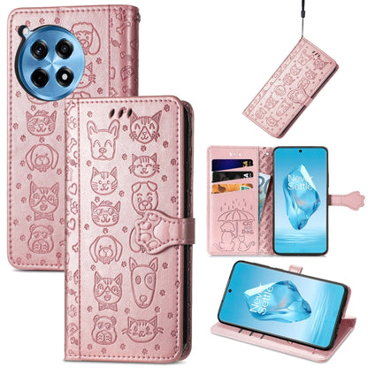 Light pink embossed leather phone case with cat and dog pattern, folio wallet with strap.