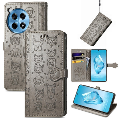 Embossed leather phone wallet case with cat and dog pattern, dark gray