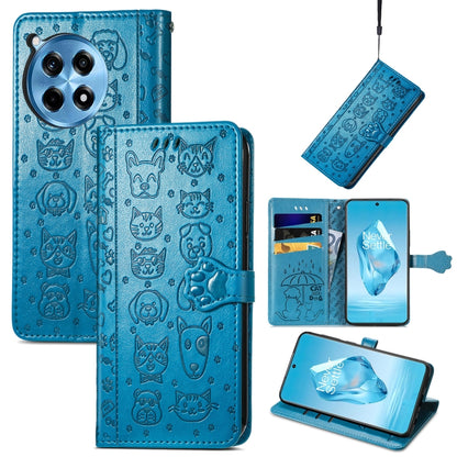 Embossed leather phone wallet case with cat and dog pattern, bright blue