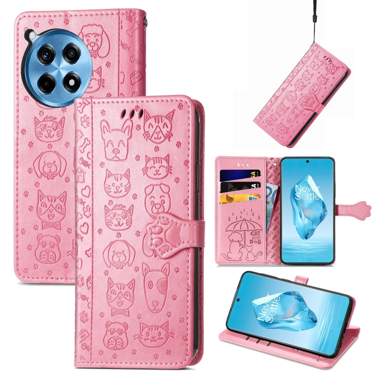 Embossed leather phone wallet case with cat and dog pattern, pink