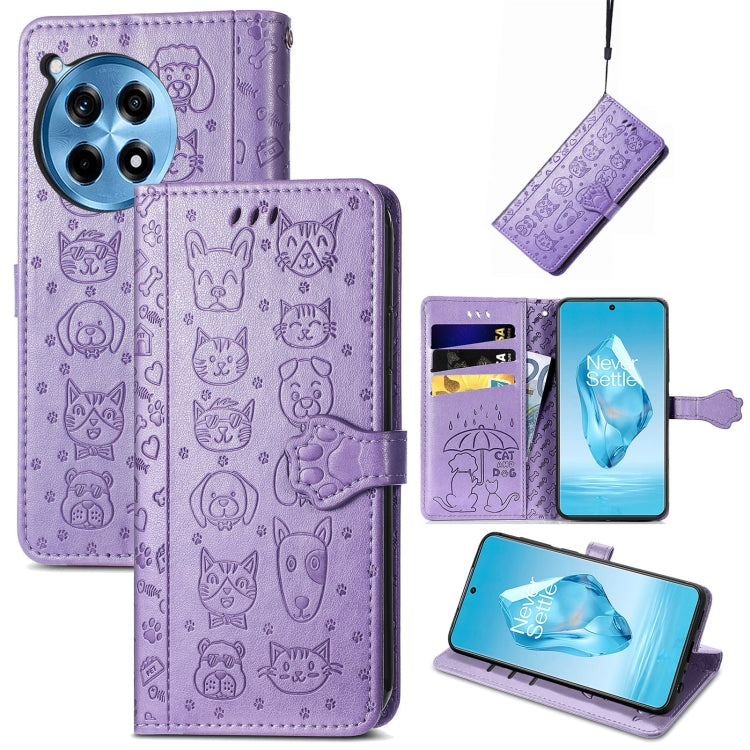 Embossed leather phone wallet case with cat and dog pattern, lavender purple