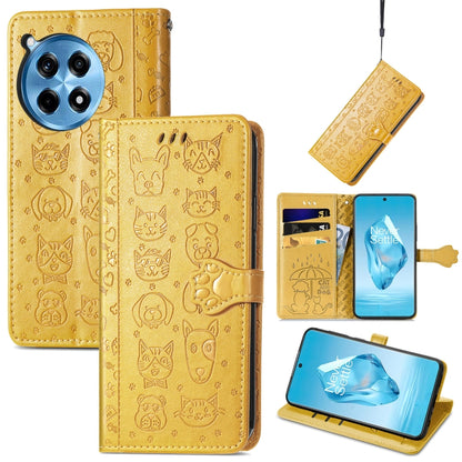 Embossed leather phone wallet case with cat and dog pattern, gold
