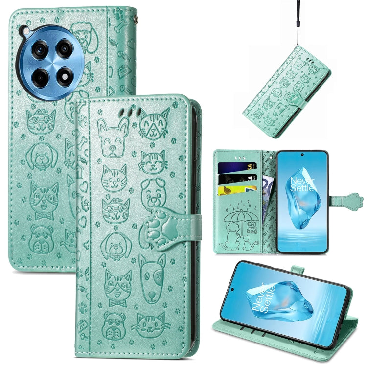 Embossed leather phone wallet case with cat and dog pattern, aqua teal