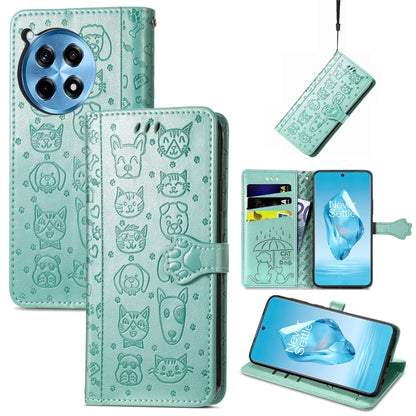 Embossed leather phone wallet case with cat and dog pattern, aqua teal