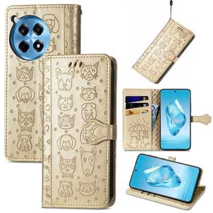 Embossed leather phone wallet case with cat and dog pattern, beige