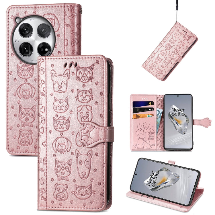 Embossed leather phone wallet case with cat and dog pattern, light rose pink