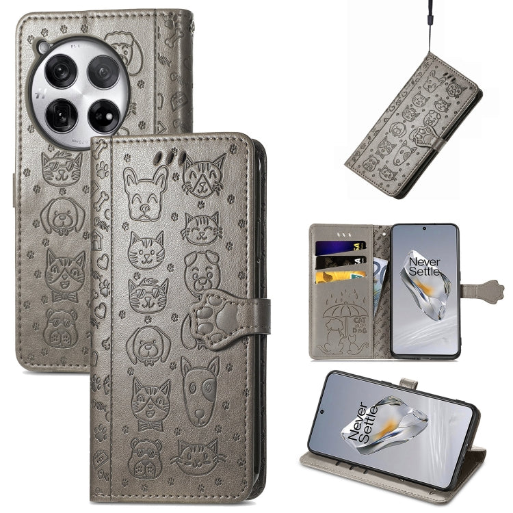 Embossed leather phone wallet case with cat and dog pattern, gray with dark accents