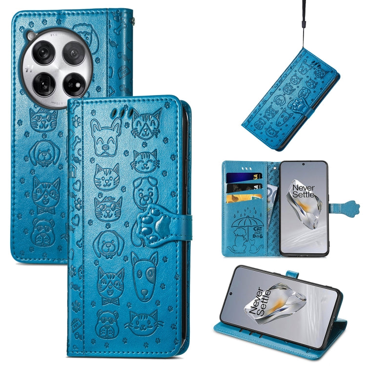 Embossed leather phone wallet case with cat and dog pattern, turquoise blue