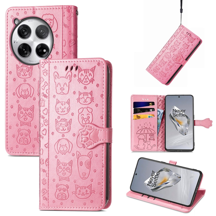 Embossed leather phone case, rose pink cat-and-dog pattern, folio wallet