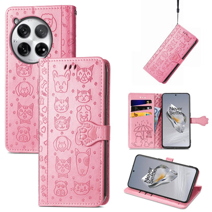 Embossed leather phone case, rose pink cat-and-dog pattern, folio wallet