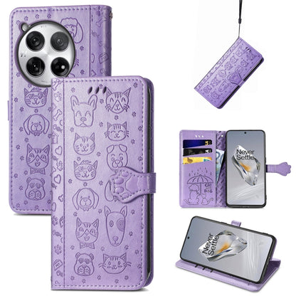 Embossed leather phone case, purple cat-and-dog pattern, folio wallet