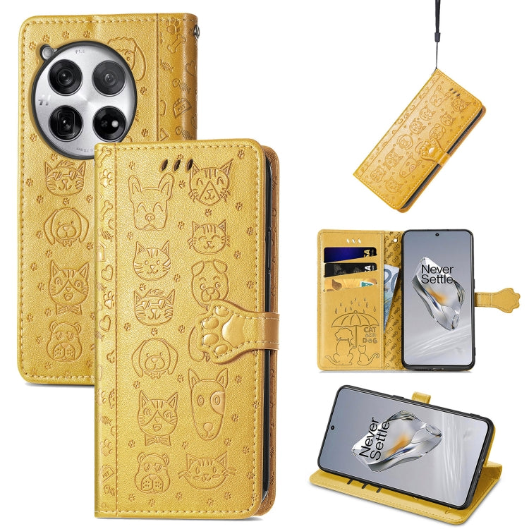 Embossed leather phone case, gold cat-and-dog pattern, folio wallet