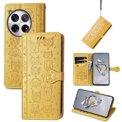 Embossed leather phone case, gold cat-and-dog pattern, folio wallet