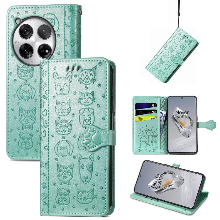Embossed leather phone case, teal cat-and-dog pattern, folio wallet