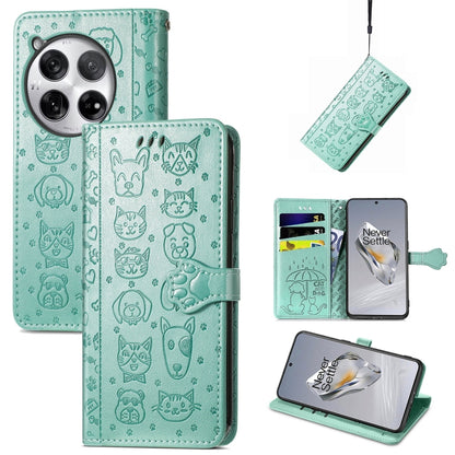 Embossed leather phone case, teal cat-and-dog pattern, folio wallet