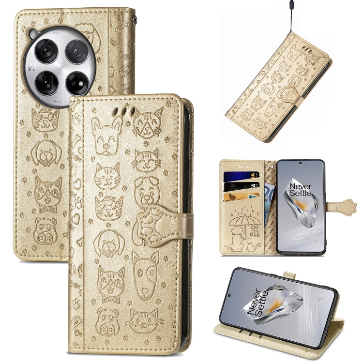 Embossed leather phone case, tan cat-and-dog pattern, folio wallet