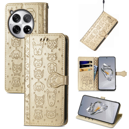 Embossed leather phone case, tan cat-and-dog pattern, folio wallet