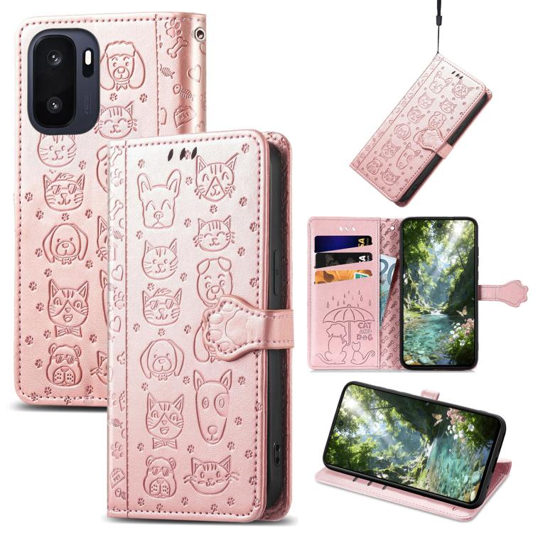 Rose pink cat and dog embossed leather folio phone case with card holder and stand