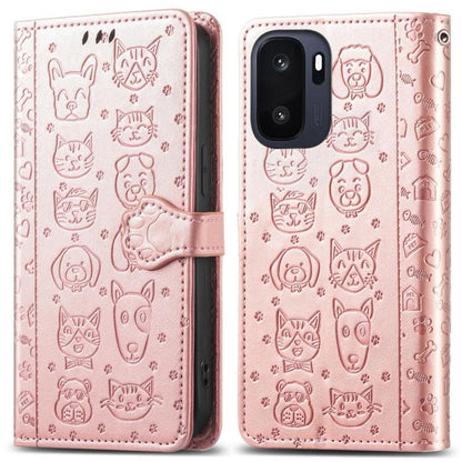 Pink cat and dog embossed leather folio phone case with flip cover and camera cutout