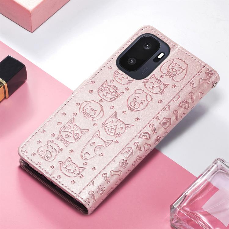 Pink cat and dog embossed leather folio phone case with textured pattern and flip cover