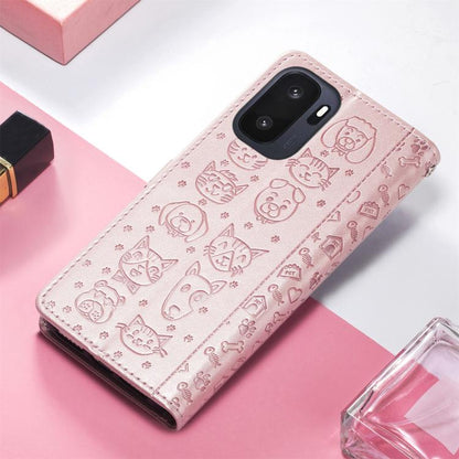 Pink cat and dog embossed leather folio phone case with textured pattern and flip cover