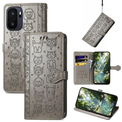Grey cat and dog embossed leather folio phone case with flip cover and card slot